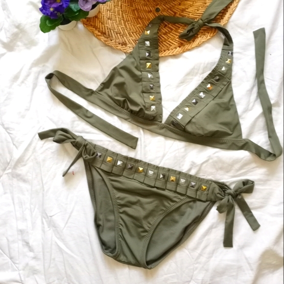 NWOT BECCA Swimwear Olive Green Studded Bikini Set Sz S/M - Picture 10 of 10